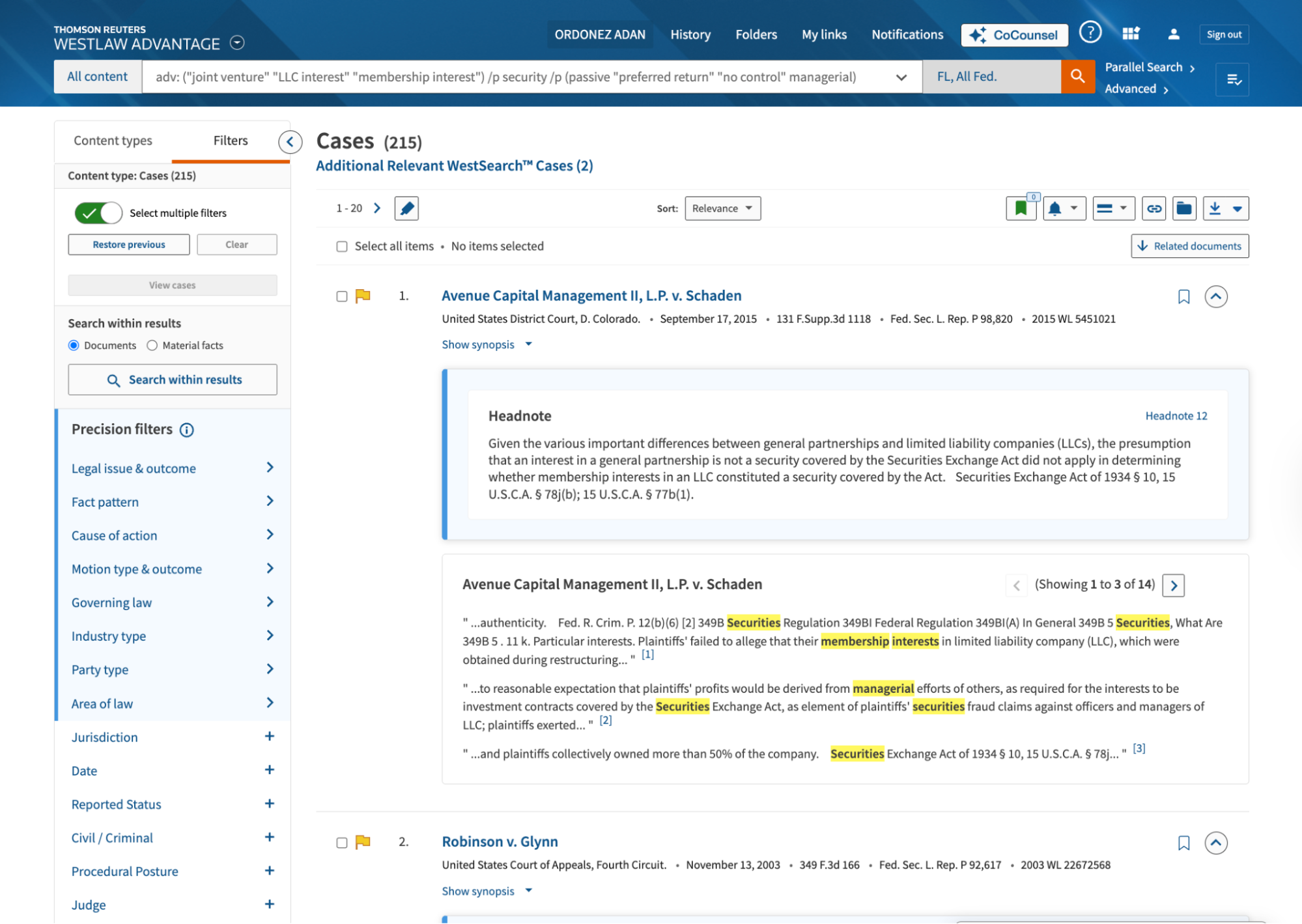 Screenshot of Westlaw Boolean query results