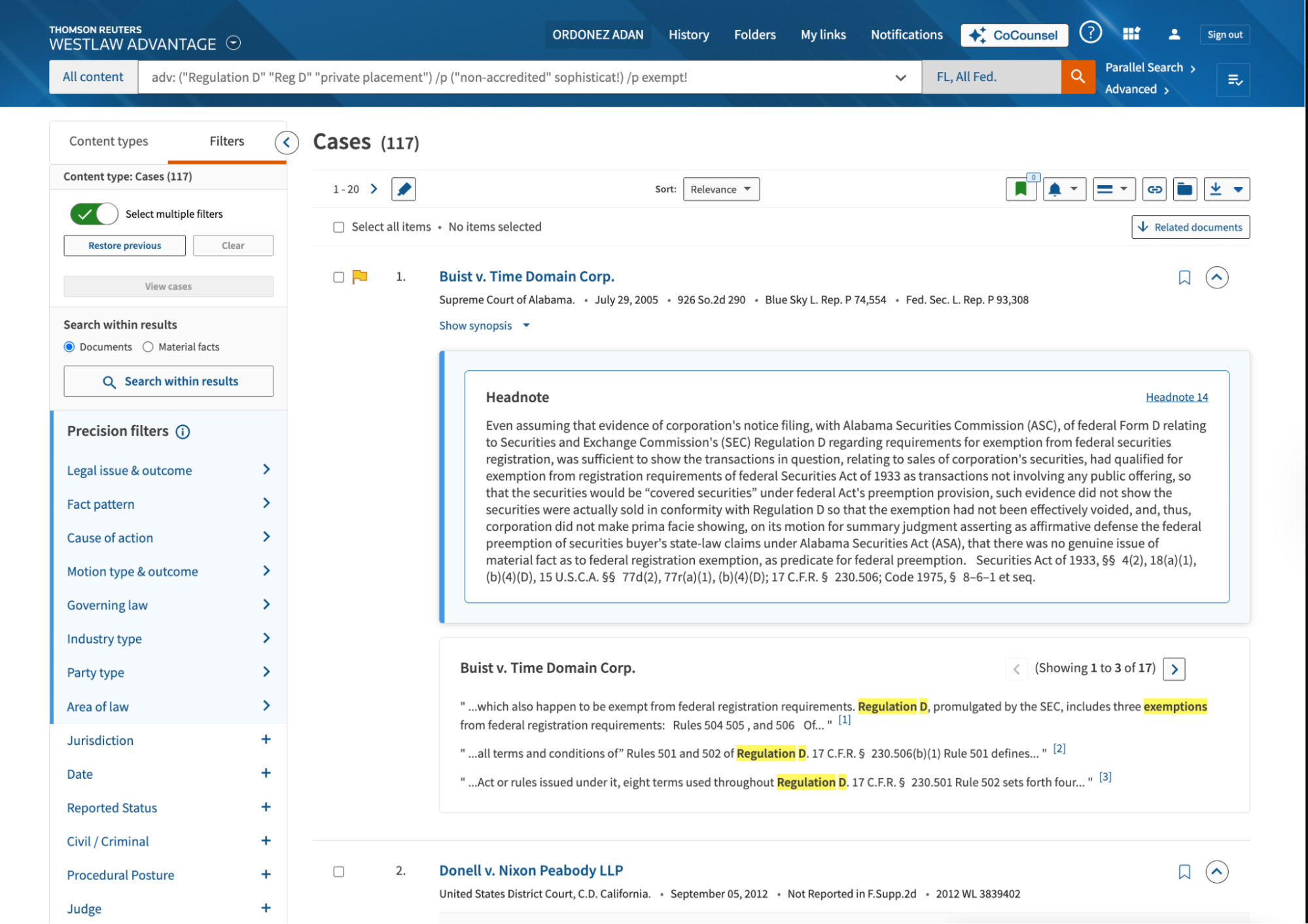 Screenshot of Westlaw search results